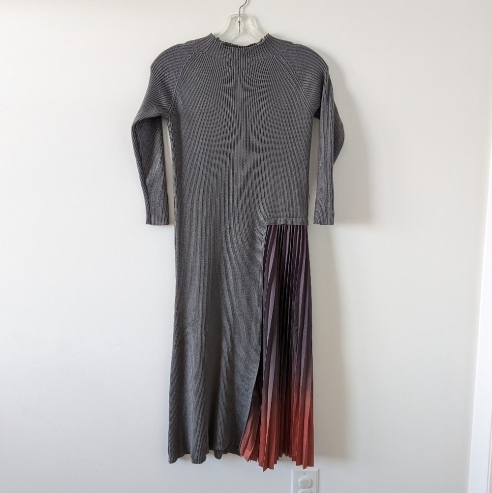 Dalia MacPhee Women's Pleated Knit Dress, Size L, Grey Multi, Ribbed NEW